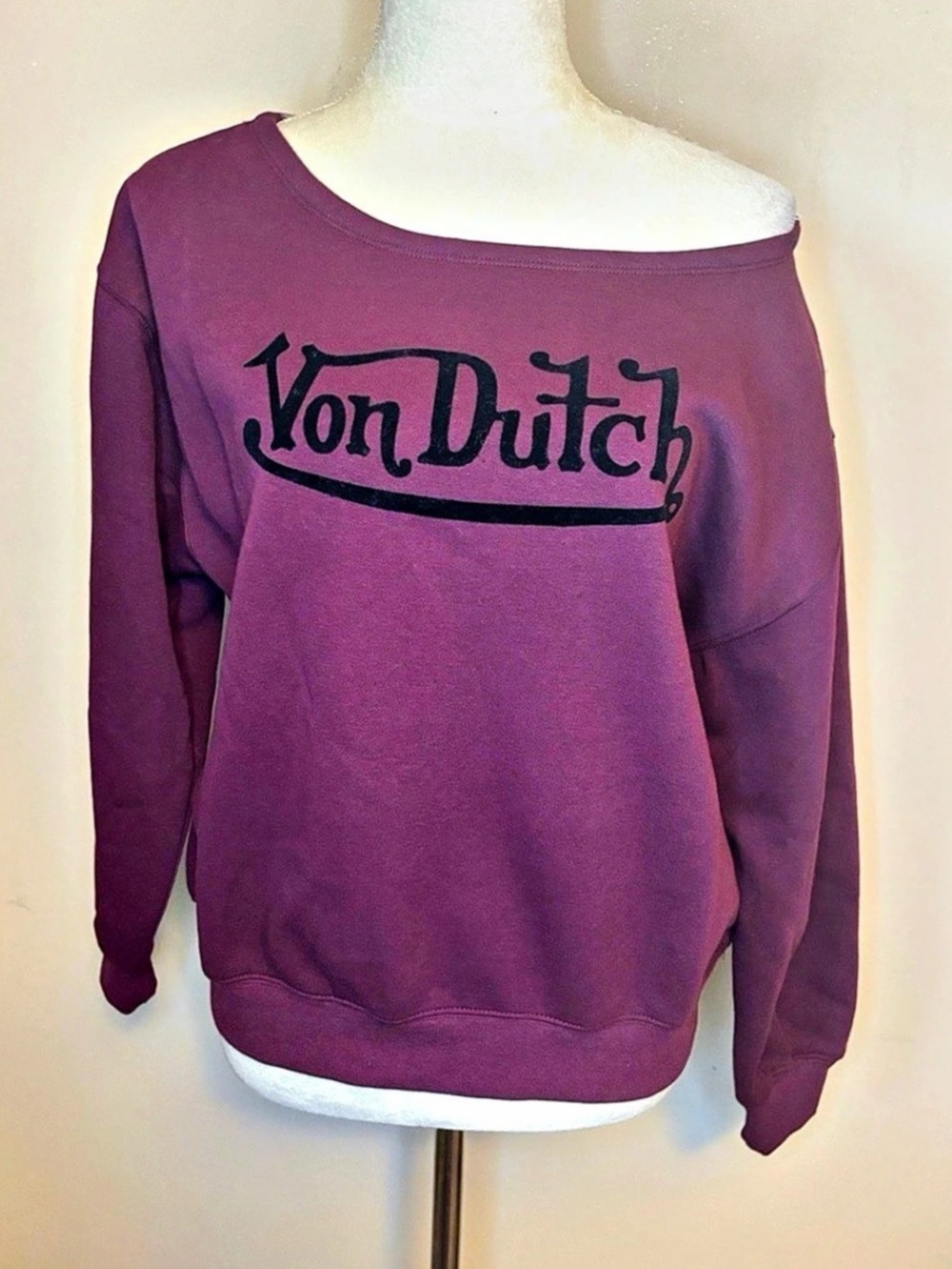 Von Dutch Off-The-Shoulder Script Logo Sweatshirt Purple Sweatshirt